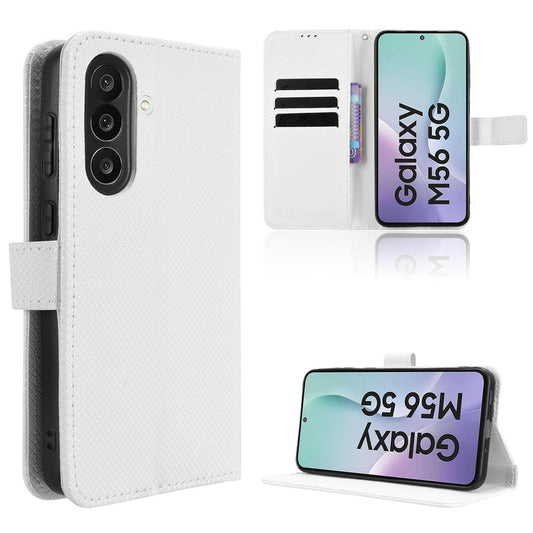 For Samsung Galaxy M56 5G Leather Wallet Case with Strap Diamond Texture Phone Cover - White
