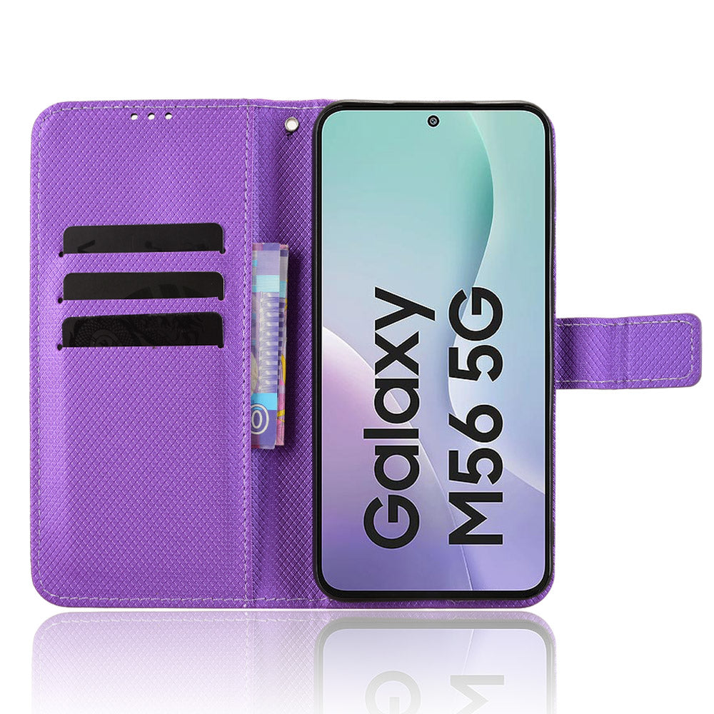 For Samsung Galaxy M56 5G Leather Wallet Case with Strap Diamond Texture Phone Cover - Purple
