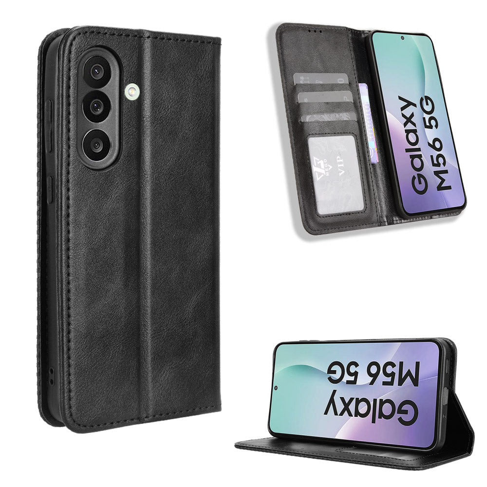 For Samsung Galaxy M56 5G Leather Case Wallet Stand Retro Texture Phone Cover - Black