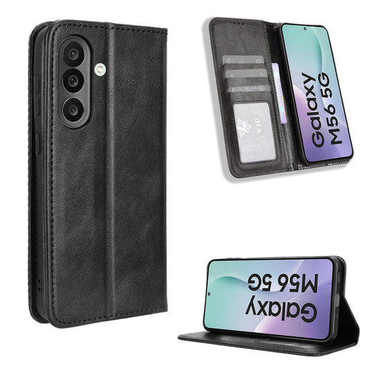 For Samsung Galaxy M56 5G Leather Case Wallet Stand Retro Texture Phone Cover - Black