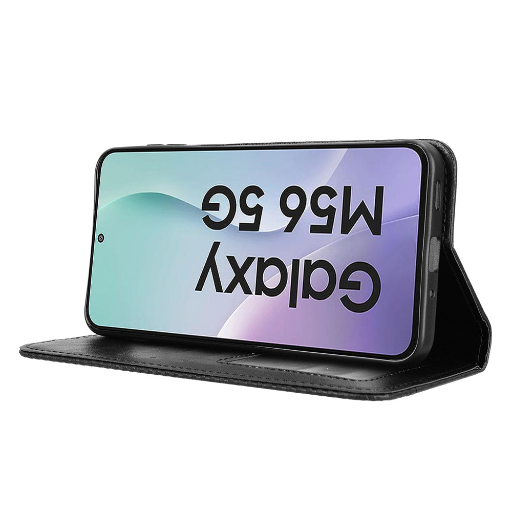 For Samsung Galaxy M56 5G Leather Case Wallet Stand Retro Texture Phone Cover - Black