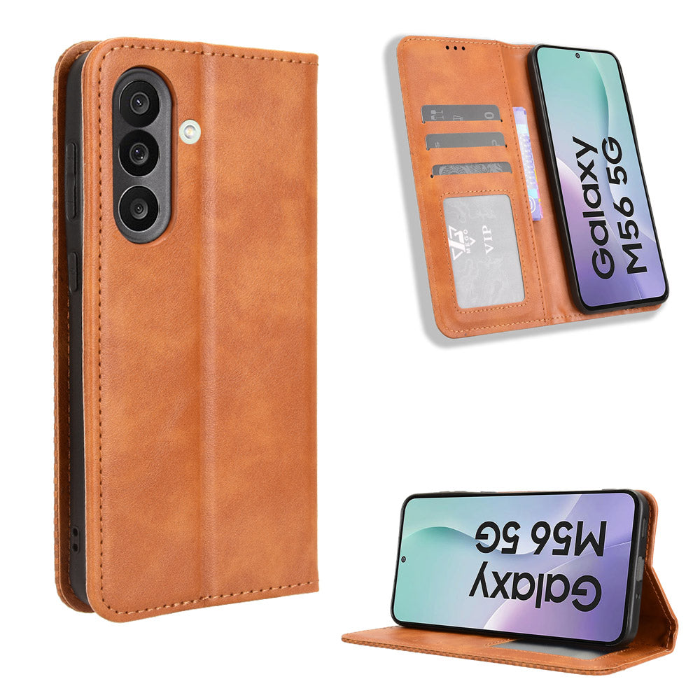For Samsung Galaxy M56 5G Leather Case Wallet Stand Retro Texture Phone Cover - Brown