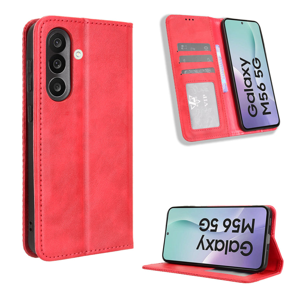 For Samsung Galaxy M56 5G Leather Case Wallet Stand Retro Texture Phone Cover - Red