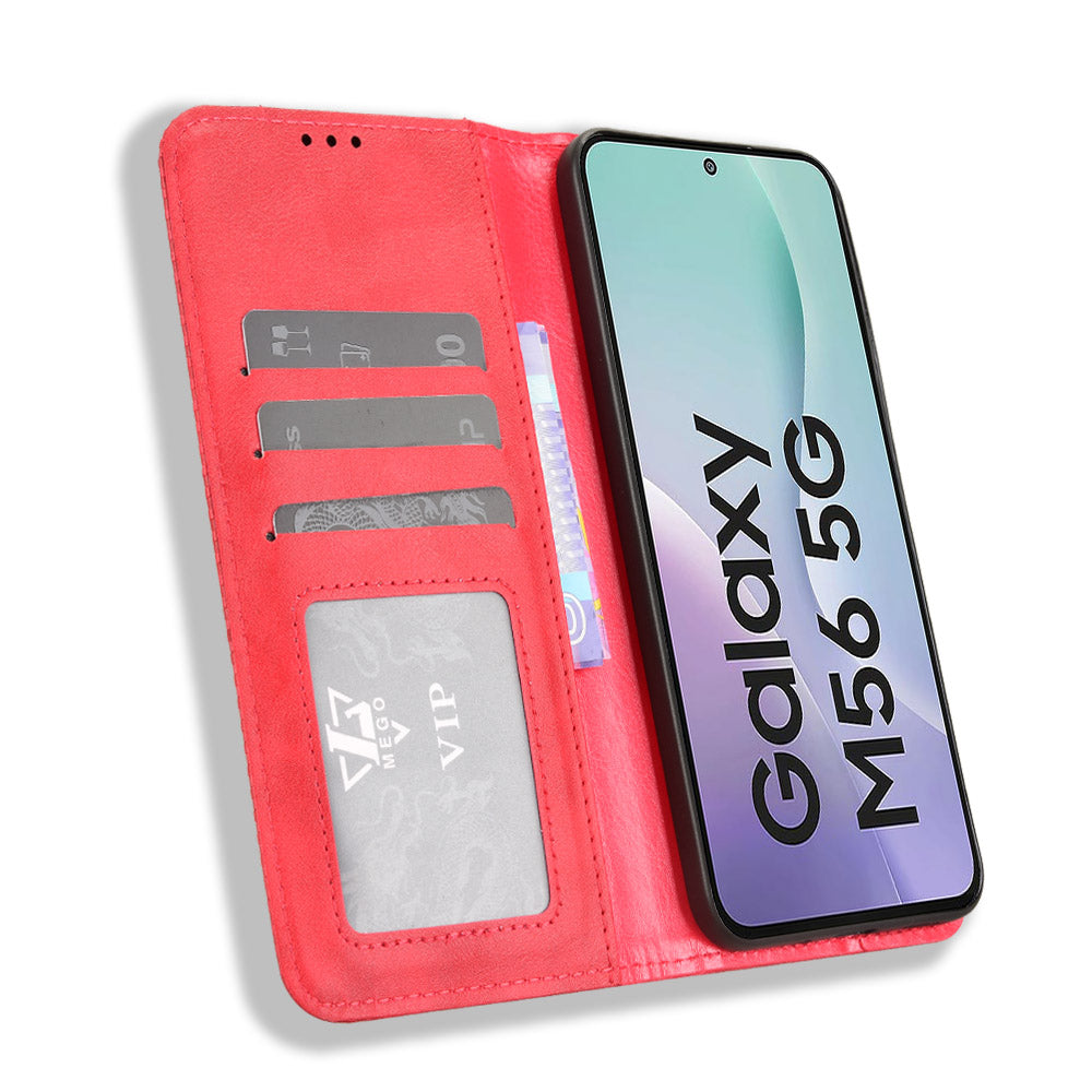 For Samsung Galaxy M56 5G Leather Case Wallet Stand Retro Texture Phone Cover - Red