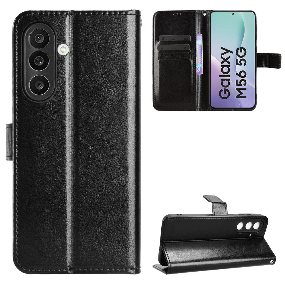 For Samsung Galaxy M56 5G PU Leather Case with Strap Crazy Horse Texture Phone Wallet Cover - Black