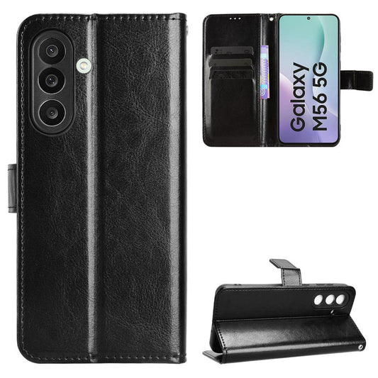 For Samsung Galaxy M56 5G PU Leather Case with Strap Crazy Horse Texture Phone Wallet Cover - Black