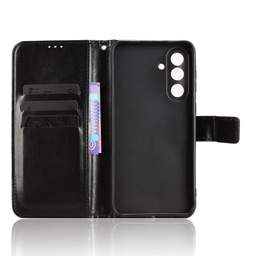 For Samsung Galaxy M56 5G PU Leather Case with Strap Crazy Horse Texture Phone Wallet Cover - Black