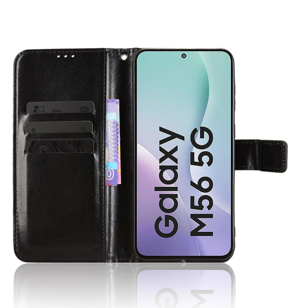 For Samsung Galaxy M56 5G PU Leather Case with Strap Crazy Horse Texture Phone Wallet Cover - Black