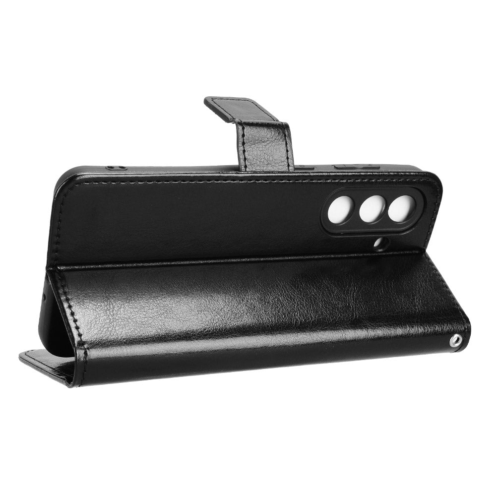 For Samsung Galaxy M56 5G PU Leather Case with Strap Crazy Horse Texture Phone Wallet Cover - Black