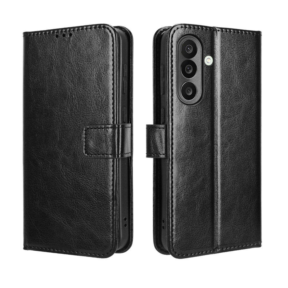 For Samsung Galaxy M56 5G PU Leather Case with Strap Crazy Horse Texture Phone Wallet Cover - Black