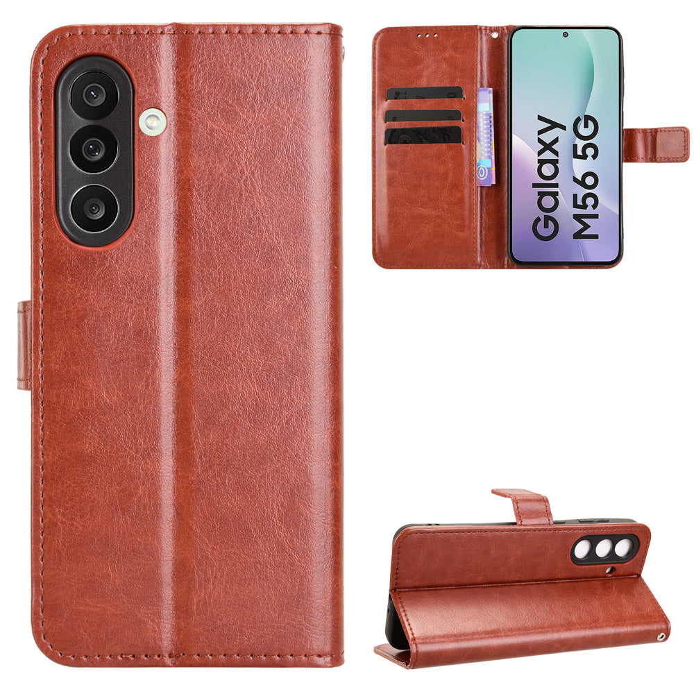 For Samsung Galaxy M56 5G PU Leather Case with Strap Crazy Horse Texture Phone Wallet Cover - Brown