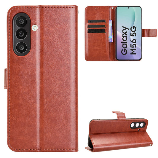 For Samsung Galaxy M56 5G PU Leather Case with Strap Crazy Horse Texture Phone Wallet Cover - Brown
