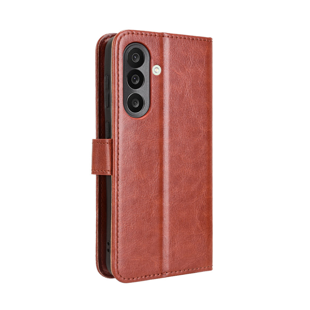 For Samsung Galaxy M56 5G PU Leather Case with Strap Crazy Horse Texture Phone Wallet Cover - Brown