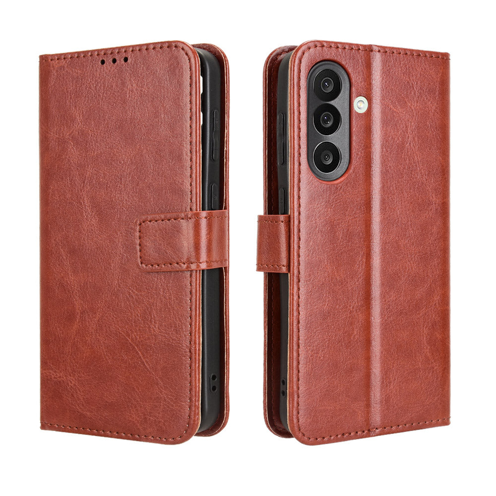 For Samsung Galaxy M56 5G PU Leather Case with Strap Crazy Horse Texture Phone Wallet Cover - Brown