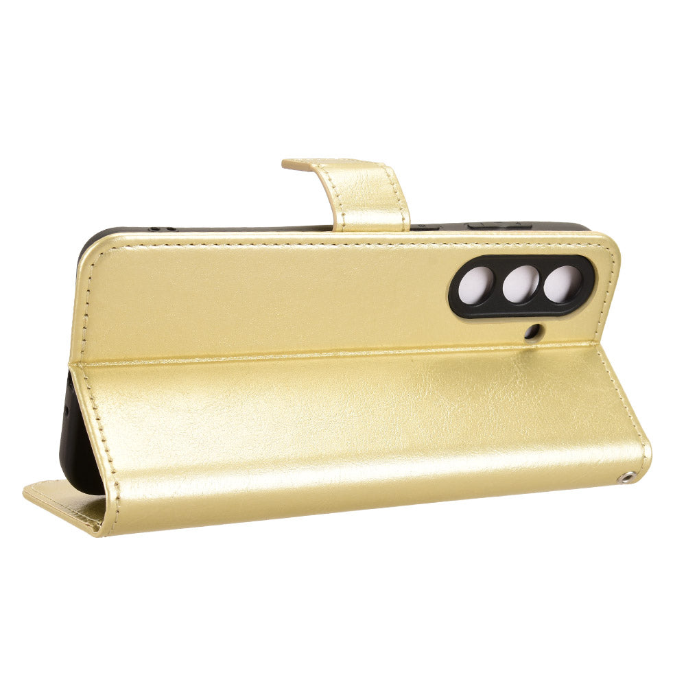For Samsung Galaxy M56 5G PU Leather Case with Strap Crazy Horse Texture Phone Wallet Cover - Gold