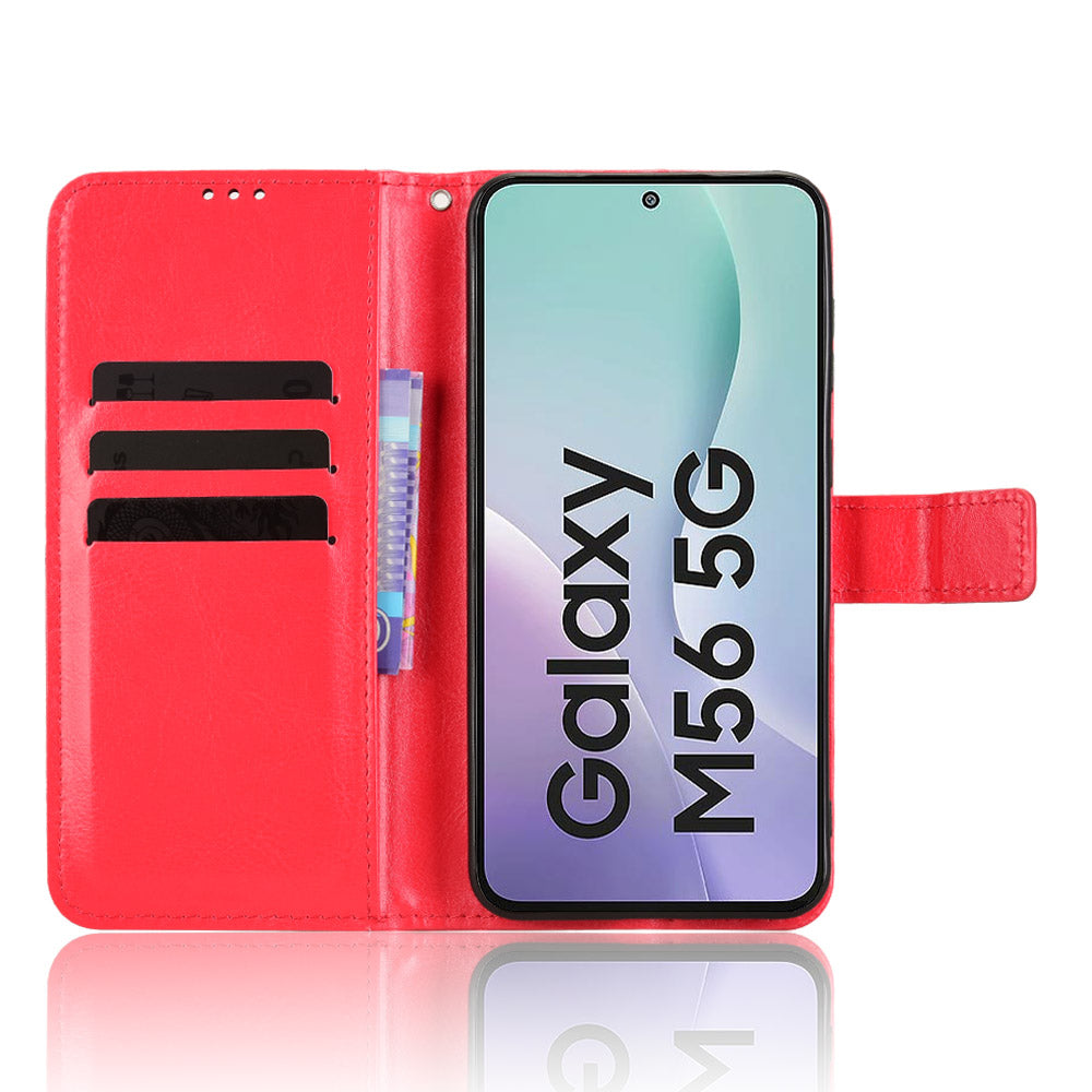 For Samsung Galaxy M56 5G PU Leather Case with Strap Crazy Horse Texture Phone Wallet Cover - Red