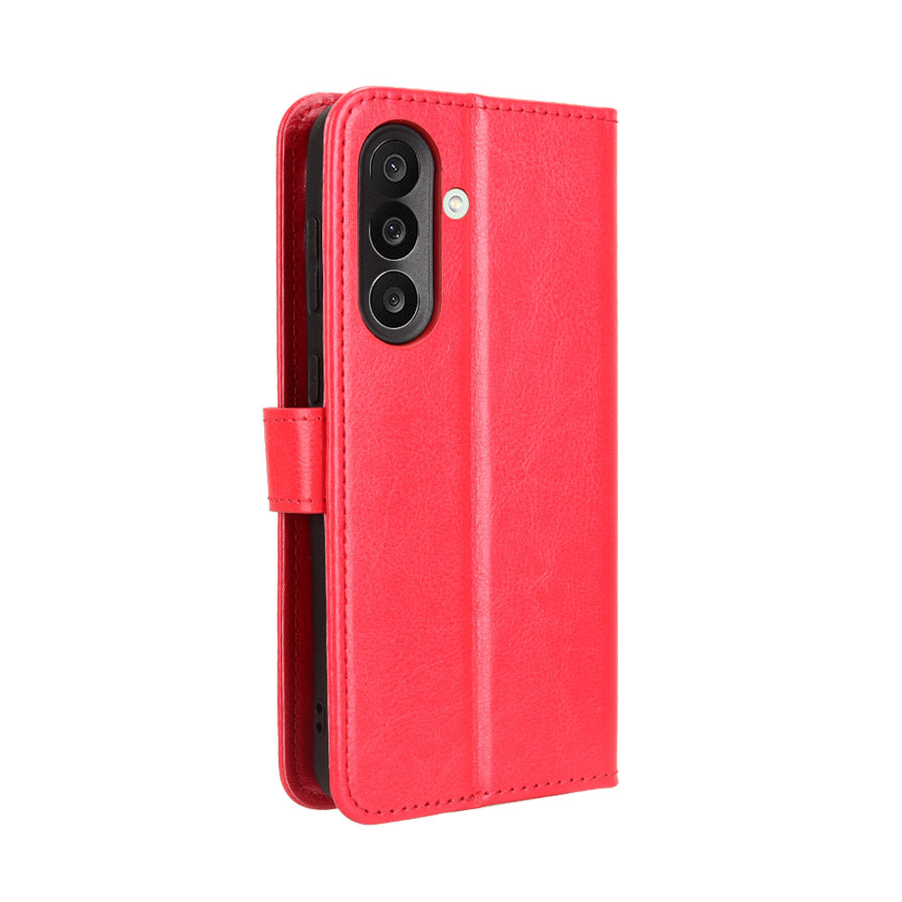 For Samsung Galaxy M56 5G PU Leather Case with Strap Crazy Horse Texture Phone Wallet Cover - Red