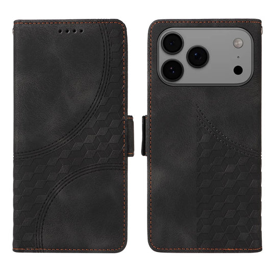 For iPhone 17 Pro Max Leather Cases Wallet Rhombus Imprinted Phone Cover Stand with Strap - Black