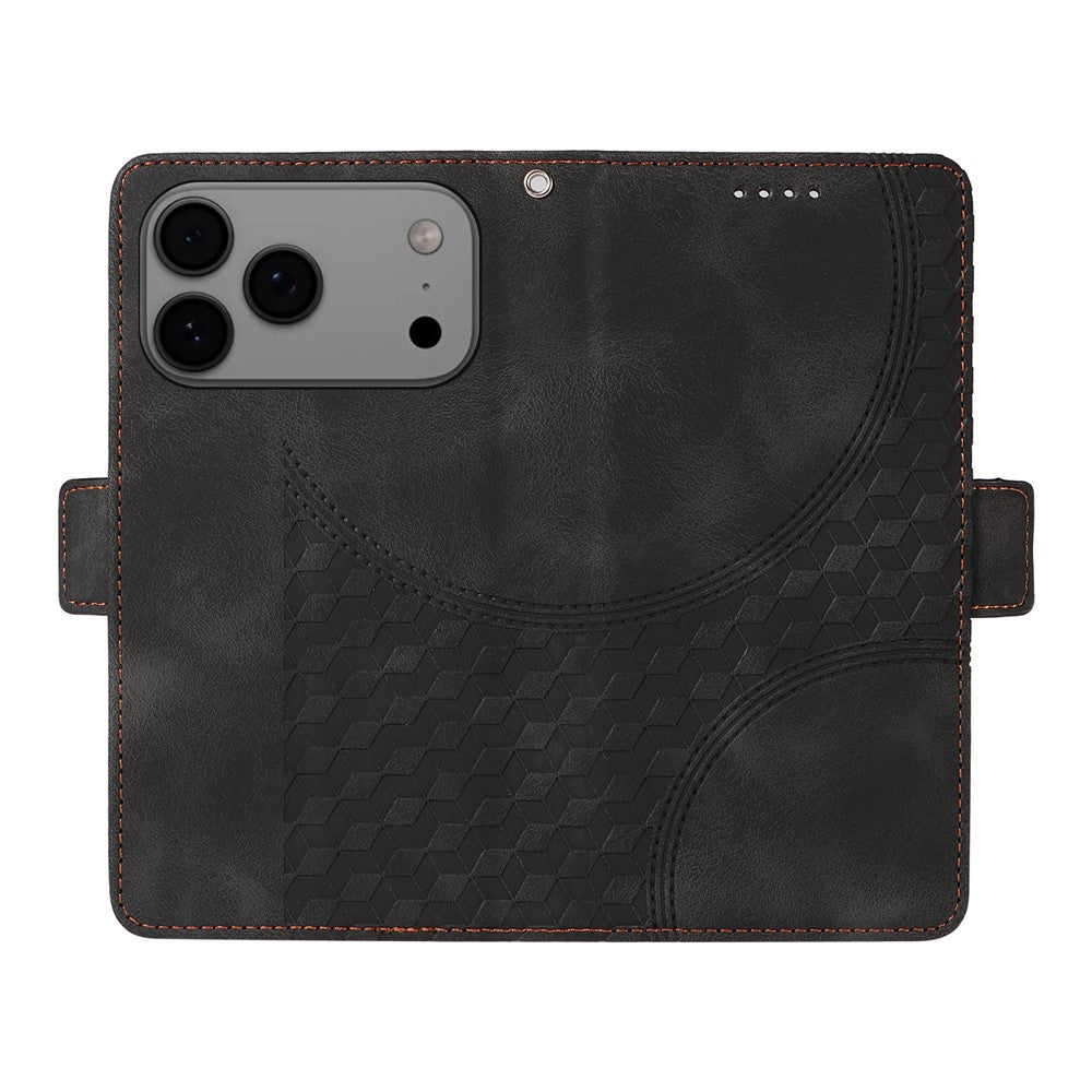 For iPhone 17 Pro Max Leather Cases Wallet Rhombus Imprinted Phone Cover Stand with Strap - Black