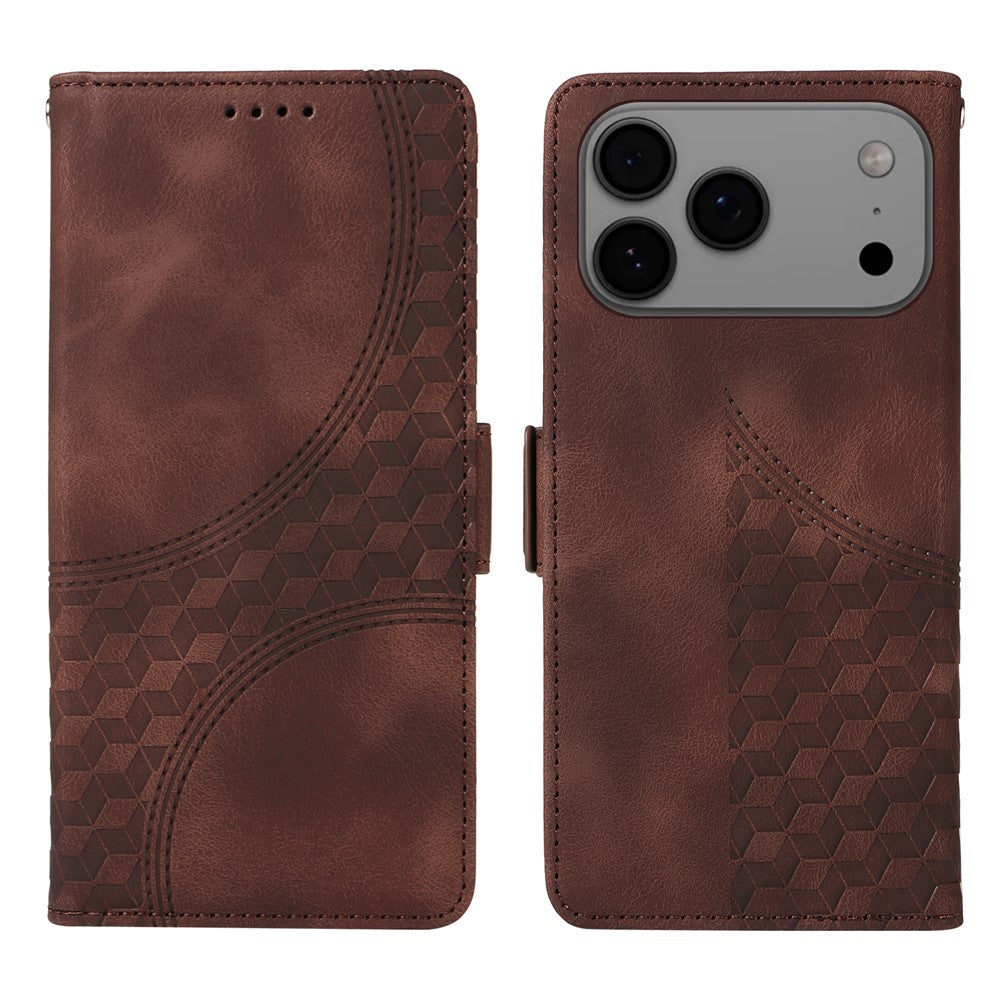 For iPhone 17 Pro Max Leather Cases Wallet Rhombus Imprinted Phone Cover Stand with Strap - Brown