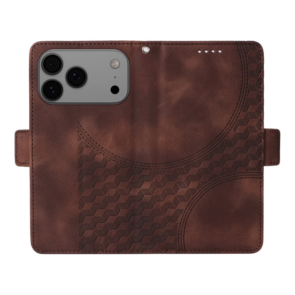 For iPhone 17 Pro Max Leather Cases Wallet Rhombus Imprinted Phone Cover Stand with Strap - Brown