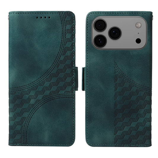 For iPhone 17 Pro Max Leather Cases Wallet Rhombus Imprinted Phone Cover Stand with Strap - Green