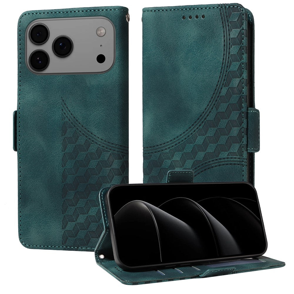 For iPhone 17 Pro Max Leather Cases Wallet Rhombus Imprinted Phone Cover Stand with Strap - Green