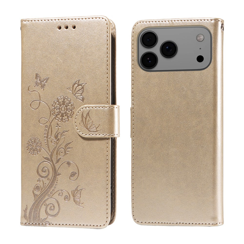 For iPhone 17 Pro Max Leather Case Butterfly Floral Imprint Wallet Stand Cover - Golden