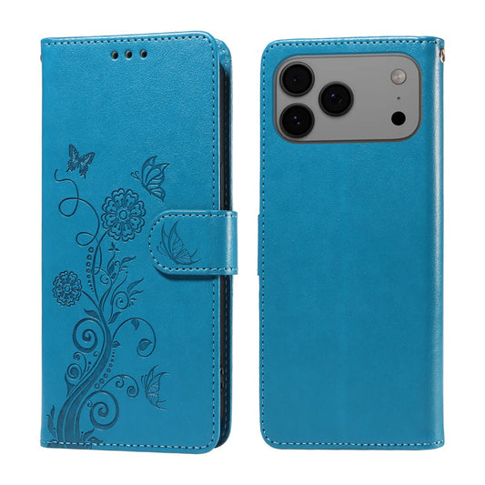 For iPhone 17 Pro Max Leather Case Butterfly Floral Imprint Wallet Stand Cover - Blue 
