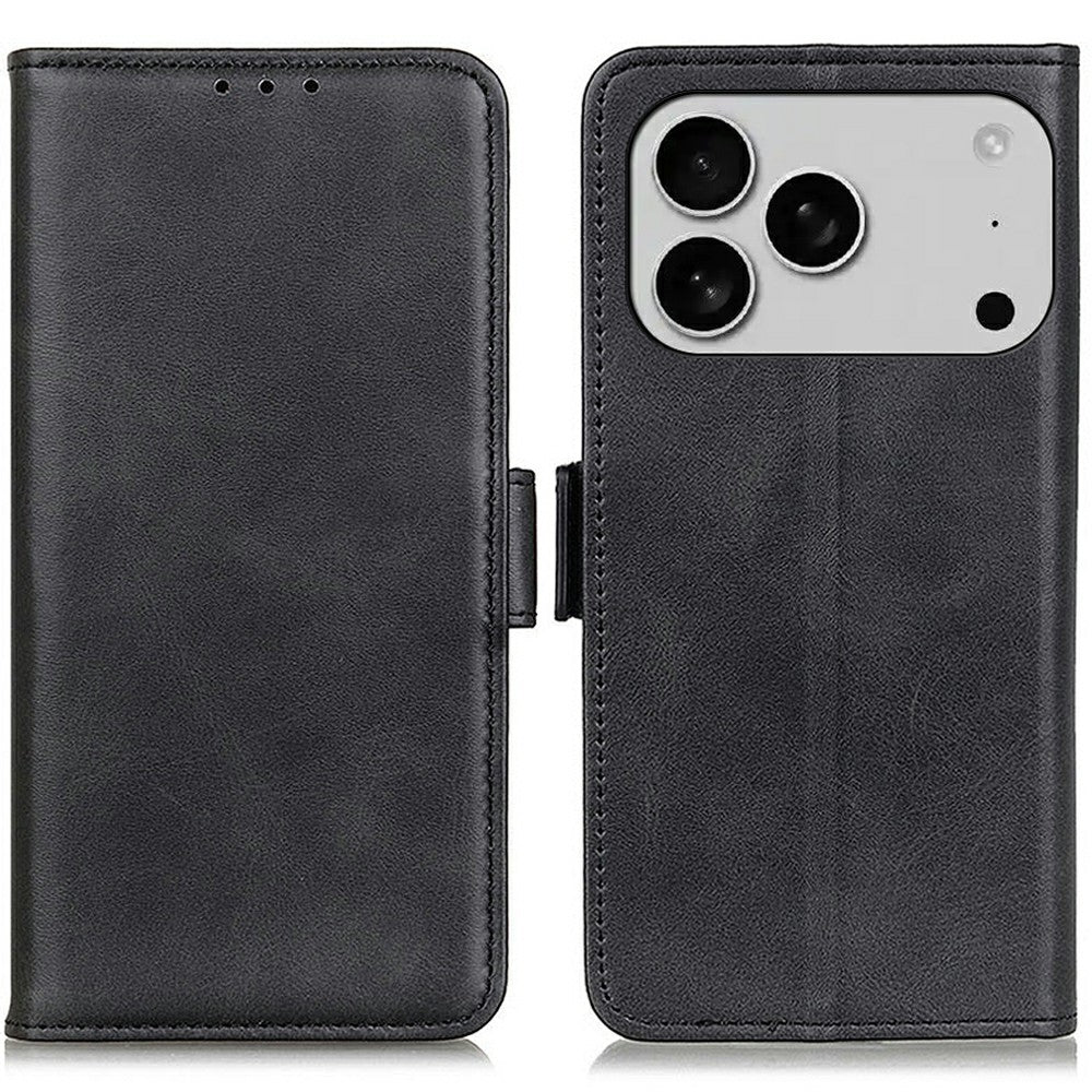 For iPhone 17 Pro Max Case Stand Cowhide Texture PU Leather Phone Cover - Black