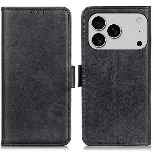 For iPhone 17 Pro Max Case Stand Cowhide Texture PU Leather Phone Cover - Black