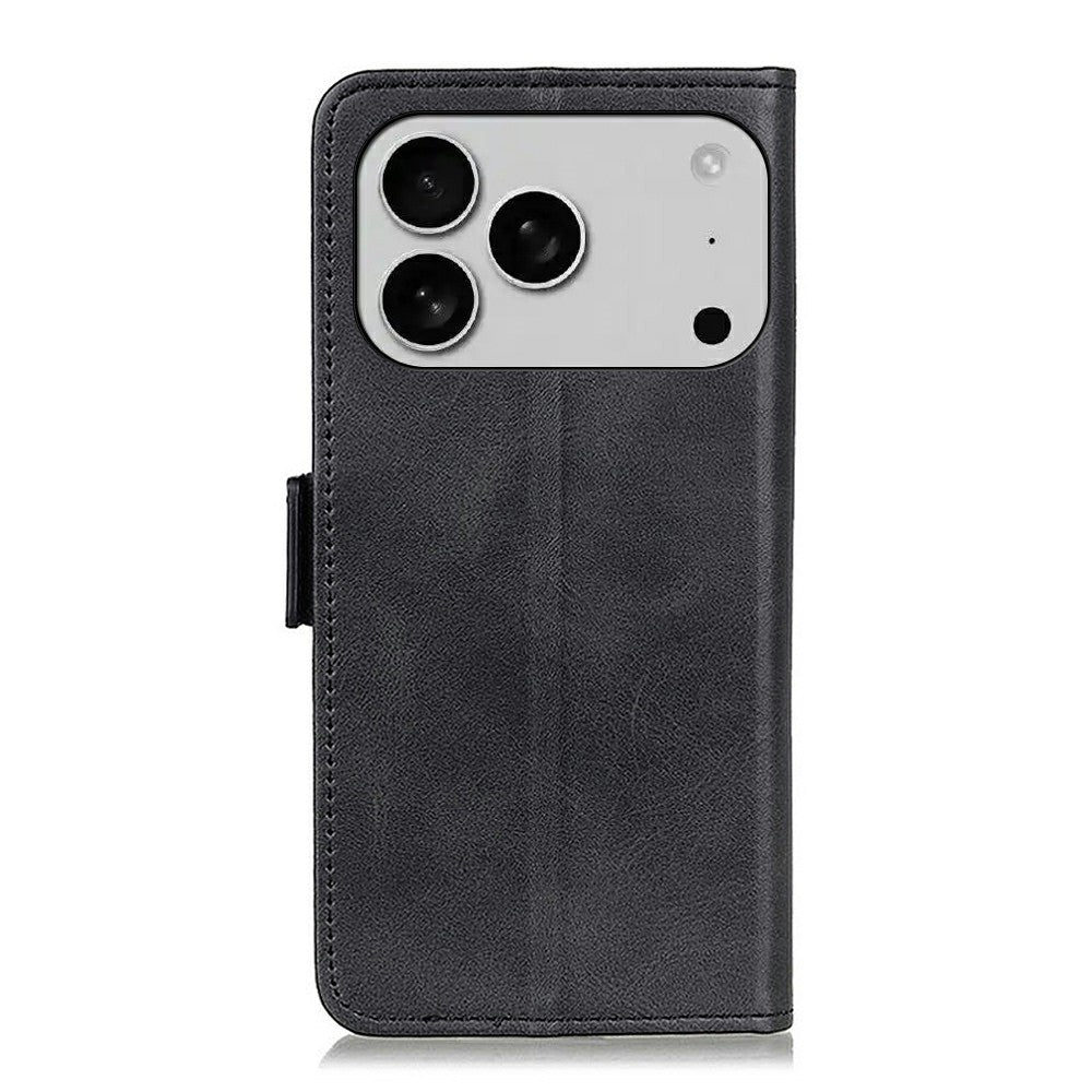 For iPhone 17 Pro Max Case Stand Cowhide Texture PU Leather Phone Cover - Black