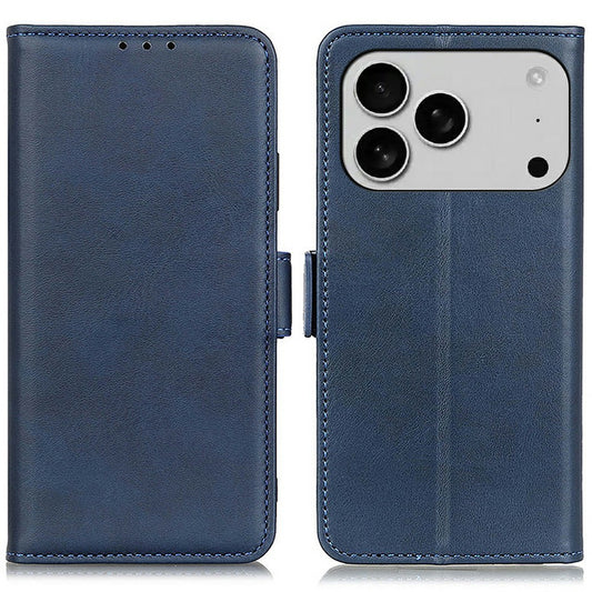 For iPhone 17 Pro Max Case Stand Cowhide Texture PU Leather Phone Cover - Blue