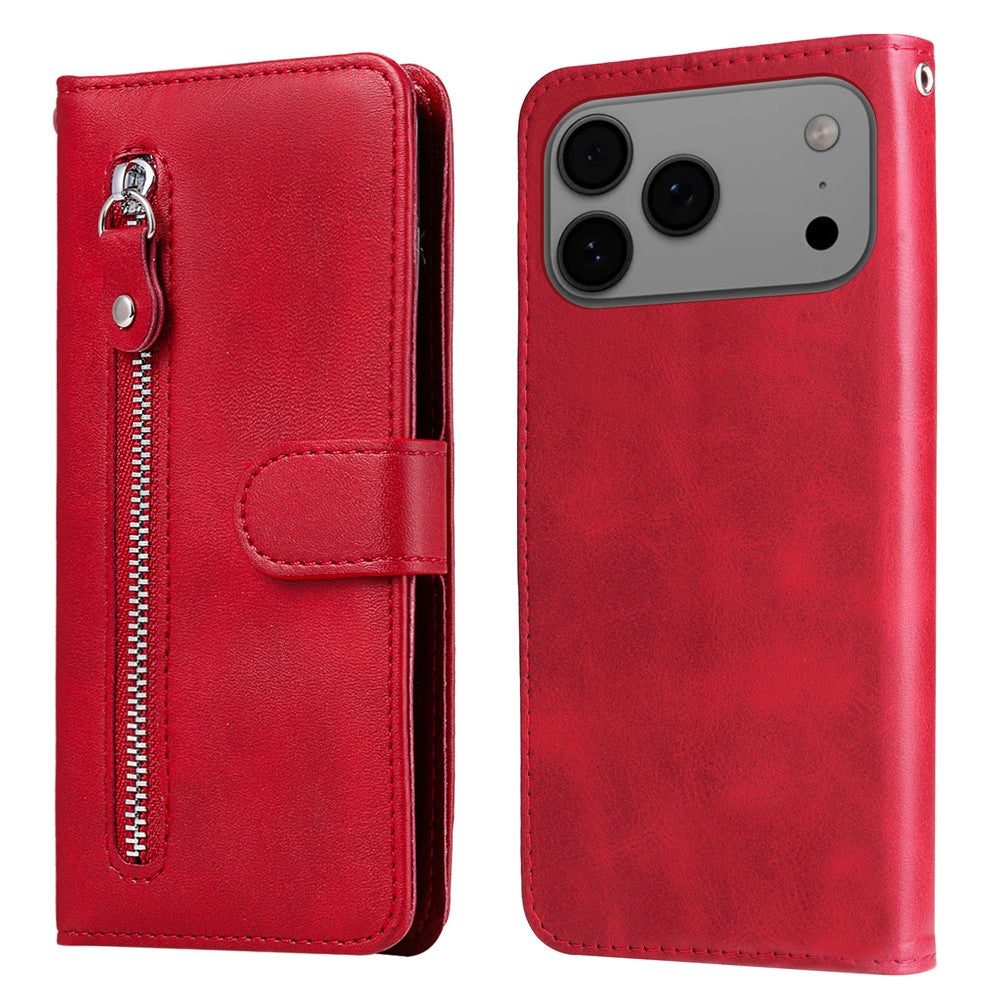 For iPhone 17 Pro Max PU Leather Cases with Zipper Pocket Wallet Phone Cover Stand - Red