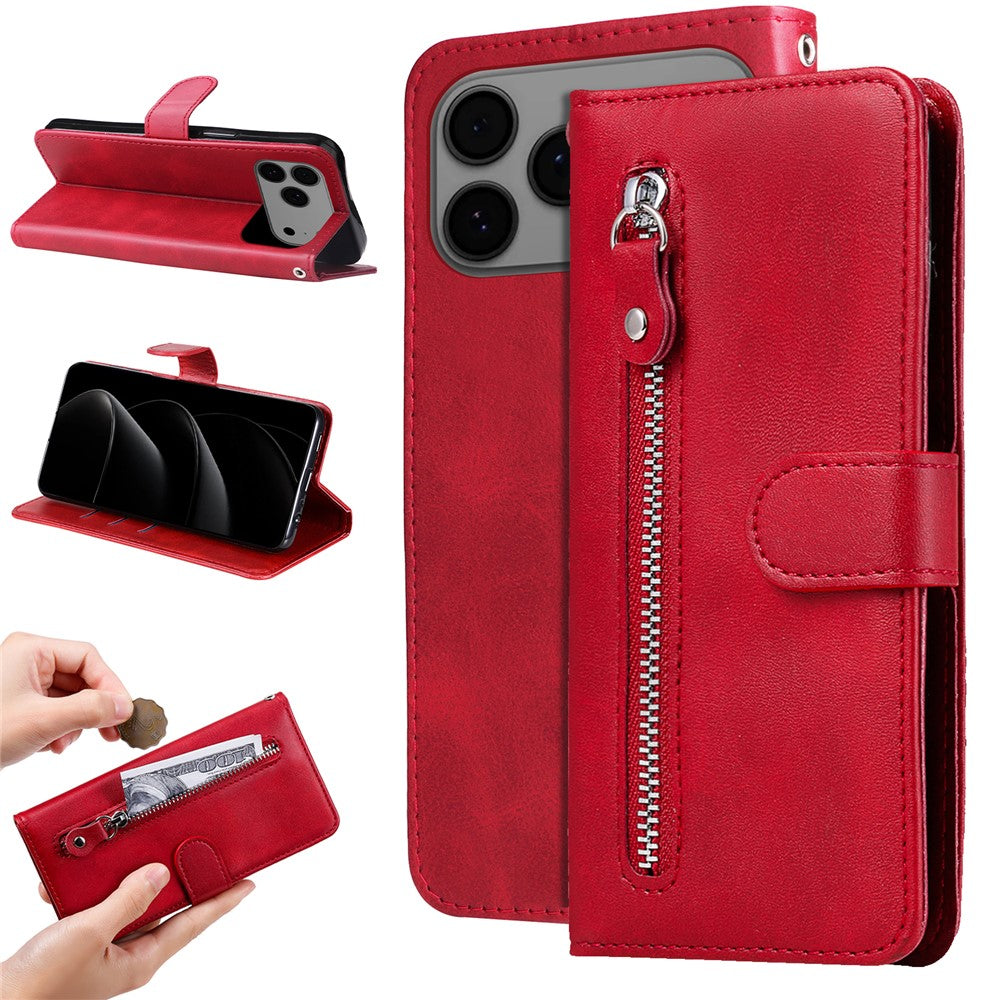 For iPhone 17 Pro Max PU Leather Cases with Zipper Pocket Wallet Phone Cover Stand - Red