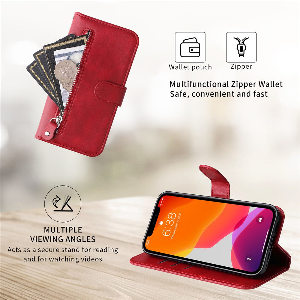 For iPhone 17 Pro Max PU Leather Cases with Zipper Pocket Wallet Phone Cover Stand - Red