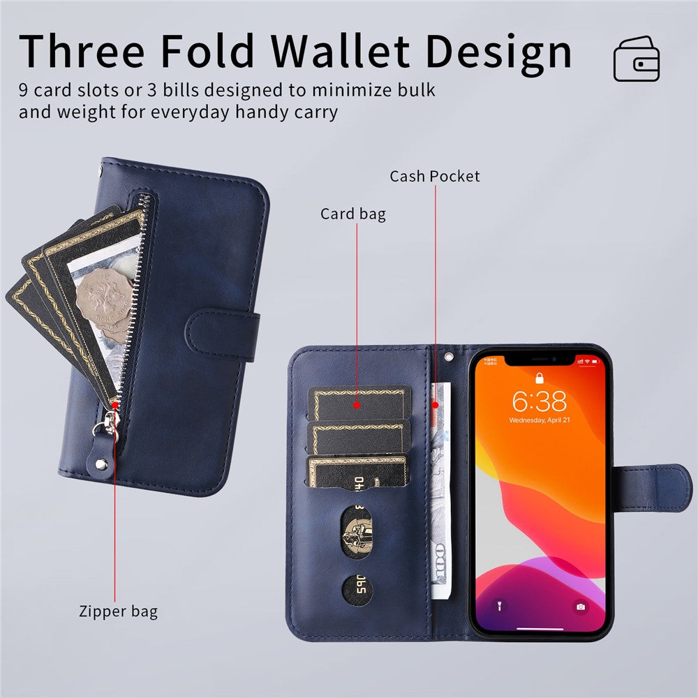 For iPhone 17 Pro Max PU Leather Cases with Zipper Pocket Wallet Phone Cover Stand - Blue