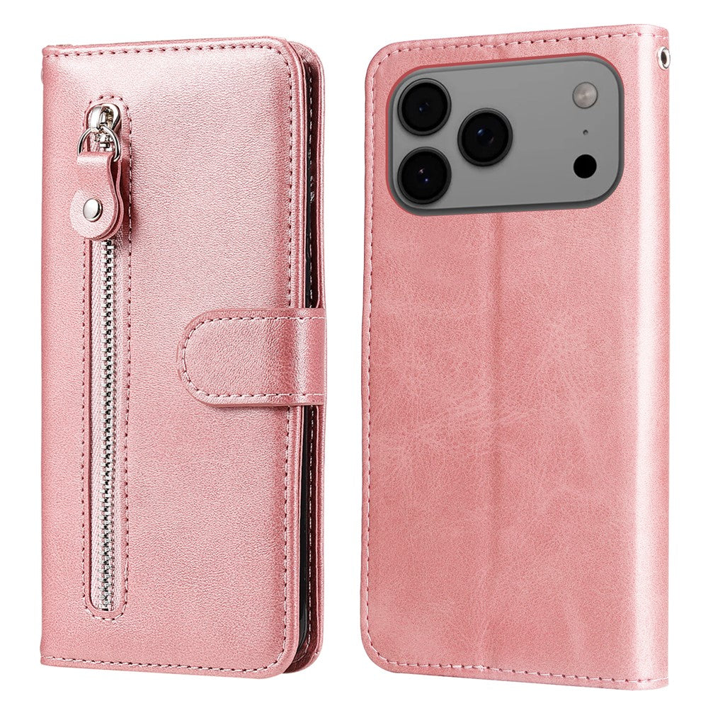 For iPhone 17 Pro Max PU Leather Cases with Zipper Pocket Wallet Phone Cover Stand - Pink