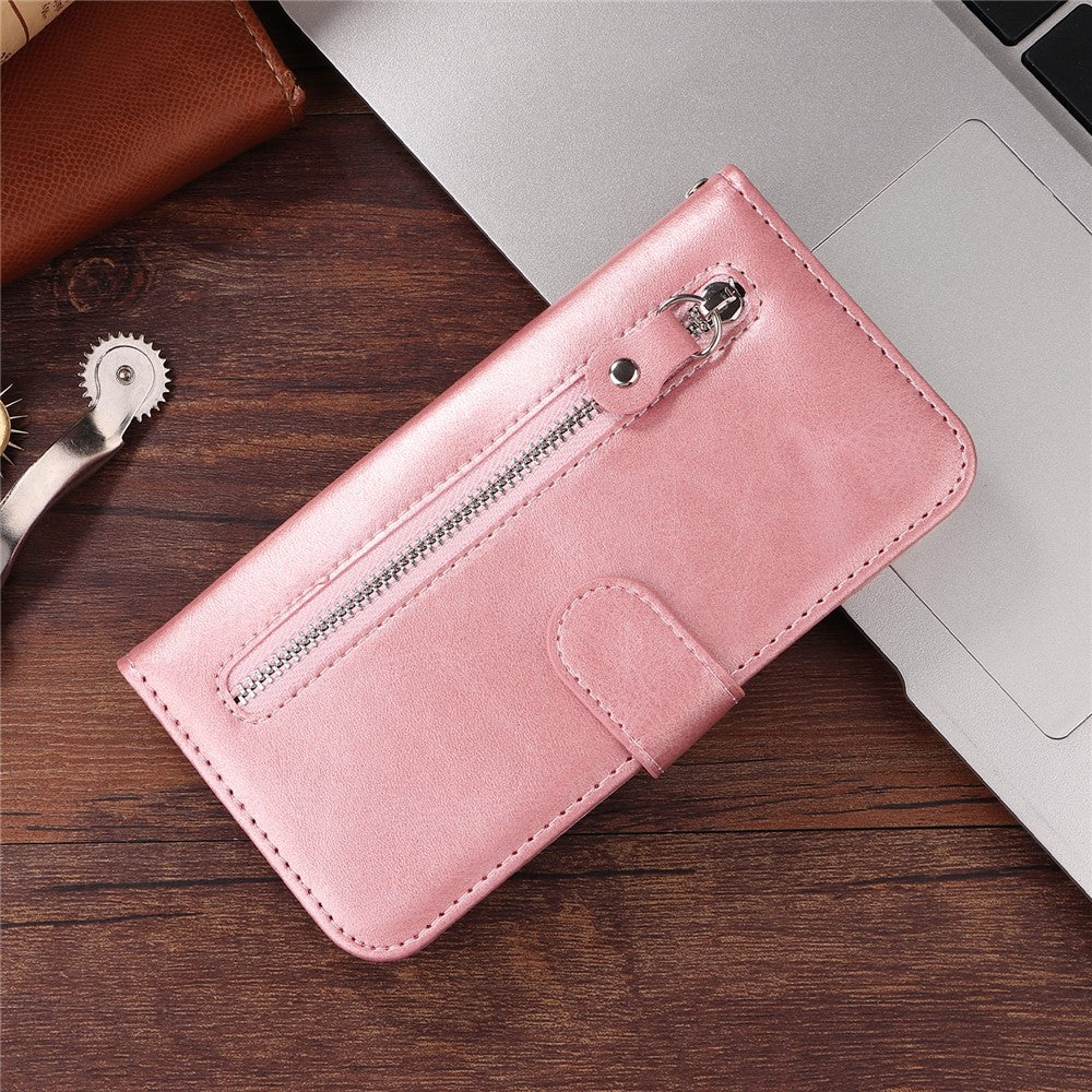 For iPhone 17 Pro Max PU Leather Cases with Zipper Pocket Wallet Phone Cover Stand - Pink