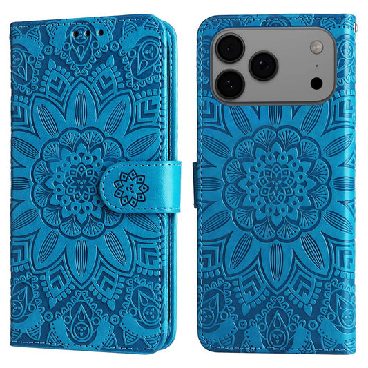 For iPhone 17 Pro Max Case Sunflower Imprint Leather Wallet Phone Cover - Blue 