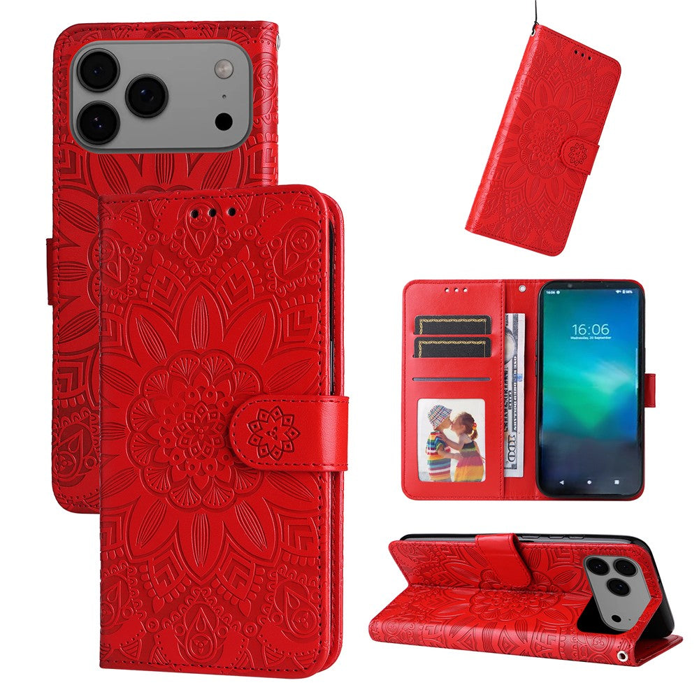 For iPhone 17 Pro Max Case Sunflower Imprint Leather Wallet Phone Cover - Red