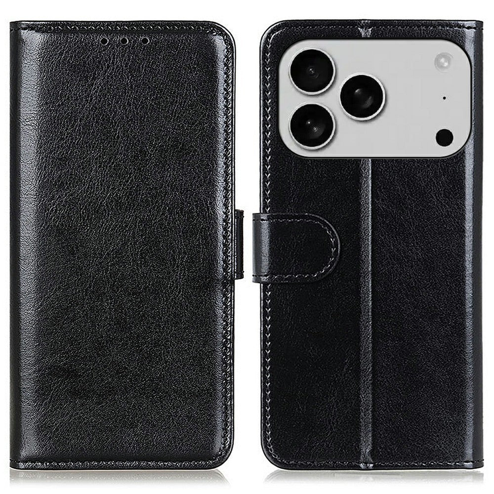 For iPhone 17 Pro Max Case Crazy Horse Texture PU Leather Phone Stand Cover - Black