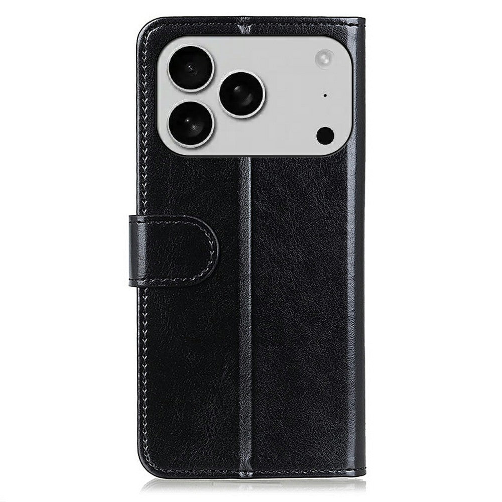 For iPhone 17 Pro Max Case Crazy Horse Texture PU Leather Phone Stand Cover - Black