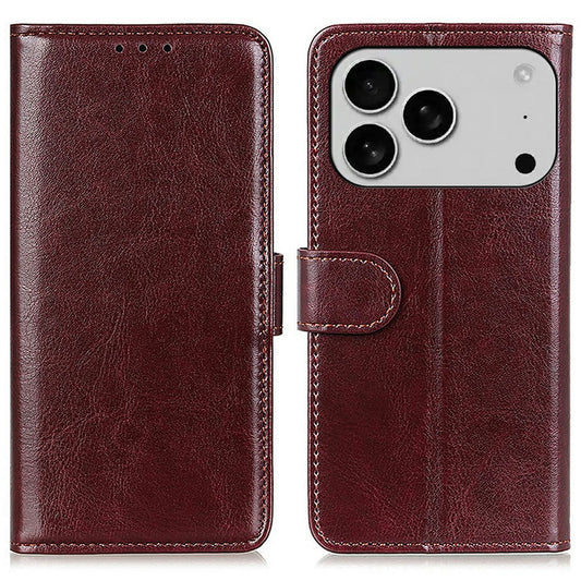 For iPhone 17 Pro Max Case Crazy Horse Texture PU Leather Phone Stand Cover - Brown