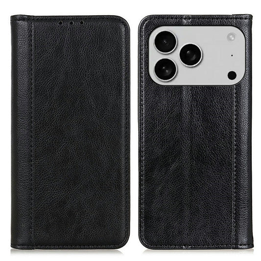For iPhone 17 Pro Max Stand Case Split Leather Litchi Texture Wallet Phone Cover - Black