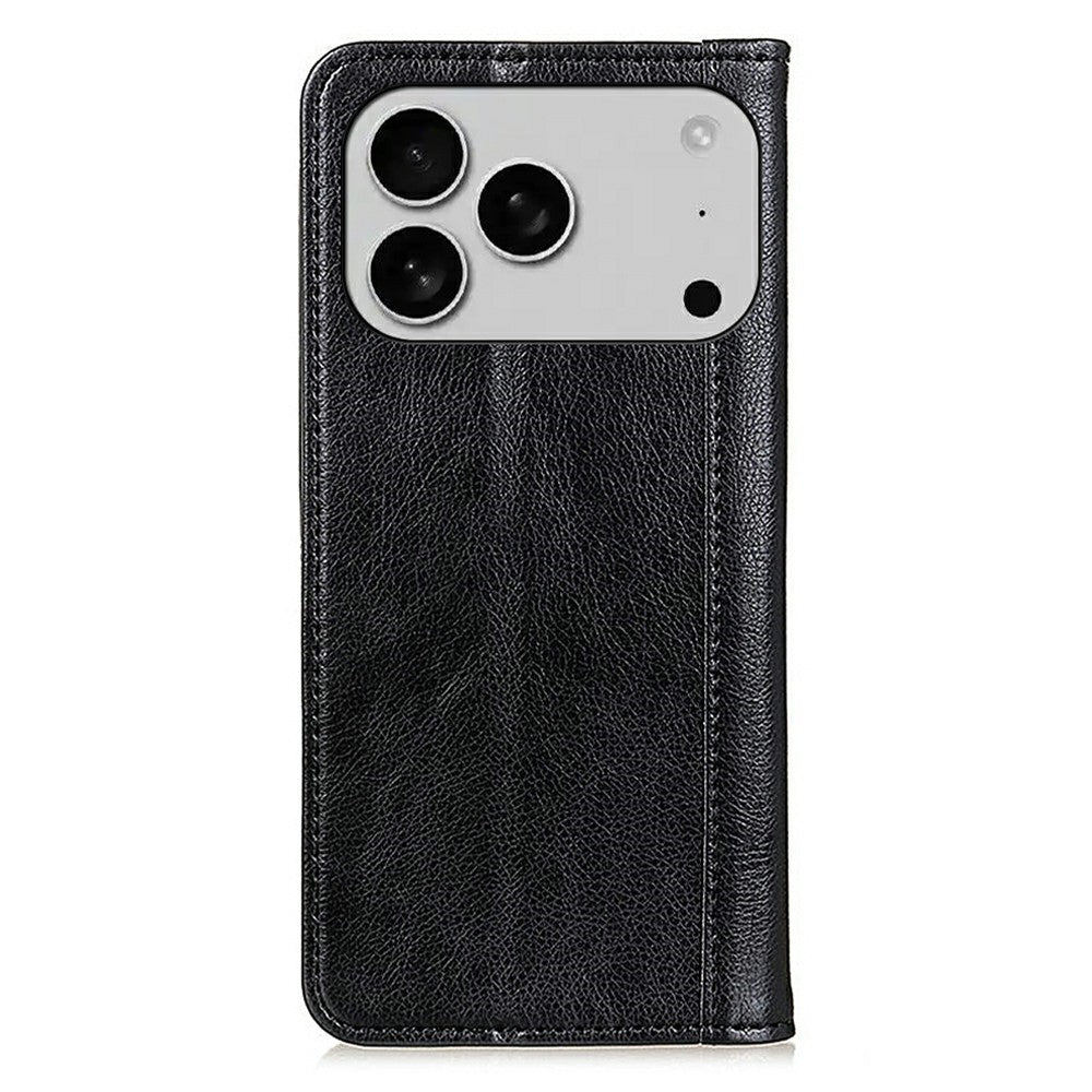 For iPhone 17 Pro Max Stand Case Split Leather Litchi Texture Wallet Phone Cover - Black
