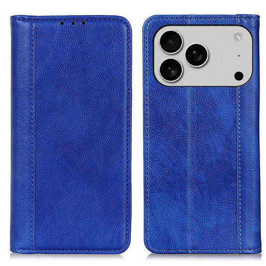 For iPhone 17 Pro Max Stand Case Split Leather Litchi Texture Wallet Phone Cover - Blue