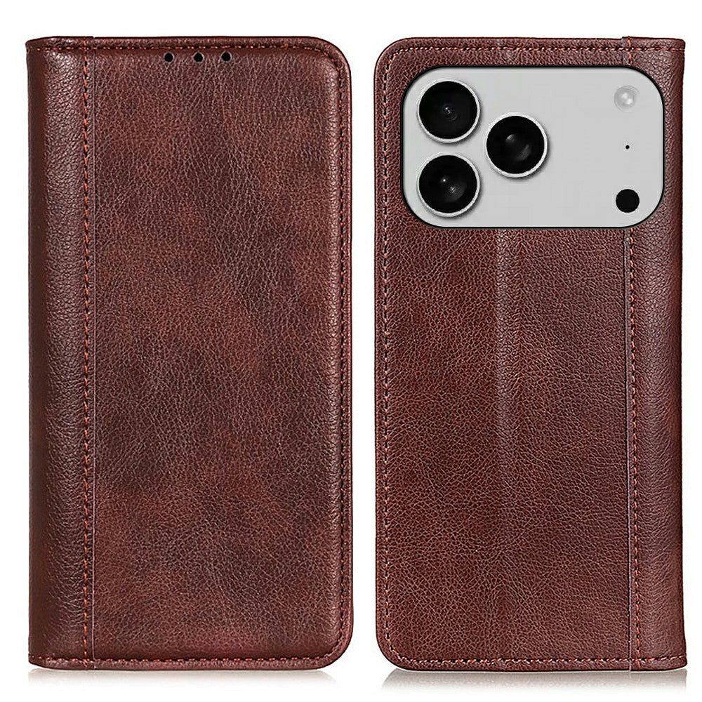 For iPhone 17 Pro Max Stand Case Split Leather Litchi Texture Wallet Phone Cover - Brown
