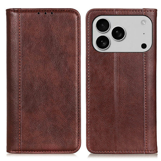 For iPhone 17 Pro Max Stand Case Split Leather Litchi Texture Wallet Phone Cover - Brown