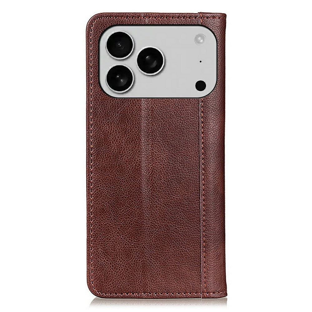 For iPhone 17 Pro Max Stand Case Split Leather Litchi Texture Wallet Phone Cover - Brown